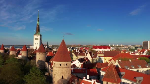 エストニアのタリン旧市街の空中ビュー タリンの歴史的中心部の古典的な象徴的な景色 塔と聖オラフ教会とタリン市壁 — ストック動画