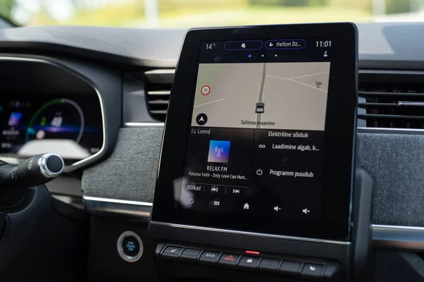 Närbild Renault Zoe 2021 Styrdisplay Modern Elektrisk Bilinstrumentpanel Navigationssystemet Stängs — Stockfoto
