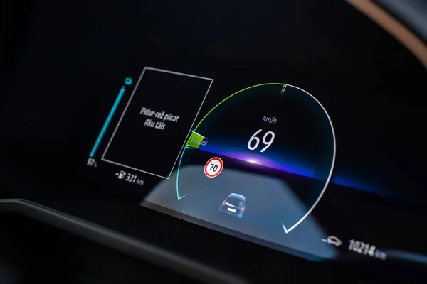 stock image Close up of a new Renault ZOE dashboard. Modern electric car instrument panel.
