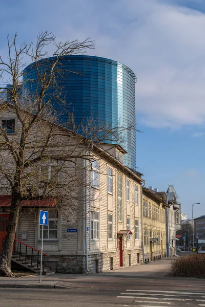 Stadtbild Von Tallinn Blick Auf Die Fassade Alter Holzhäuser Stadtzentrum — Stockfoto