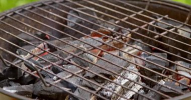 Boş kömür ızgarası ızgara için hazır. Barbeküde ızgara yapıyorum. Yaz mevsiminde açık hava barbekü partisi.