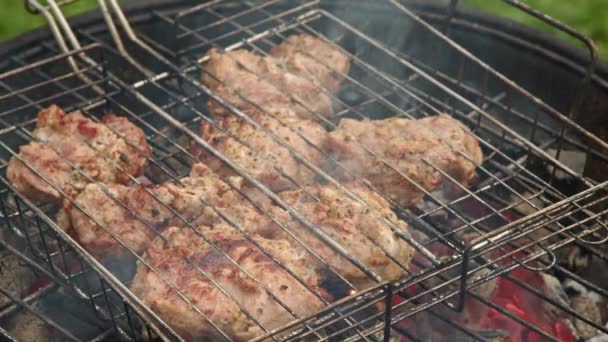 Nahaufnahmen Von Gereiftem Schweinefleisch Auf Dem Grill Schaschlik Grillen Draußen — Stockvideo