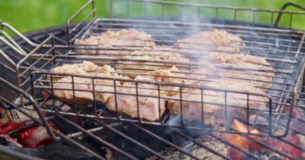 Close Footage Seasoned Pork Being Turned Chef Grill Grilling Shashlik — Stock Video