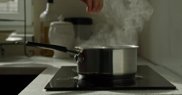 Închiderea Apei Fierte Abur Într Oală Sobă Electrică Bucătăria Domestică — Videoclip de stoc
