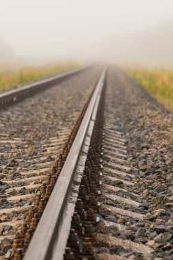 Demiryolu rayları sisli bir sabahta yoğun siste kaybolur. Atmosfer perspektifi çakıl ağırlığı ve ahşap bağlarla puslu arazide kaybolan bir nokta oluşturuyor..