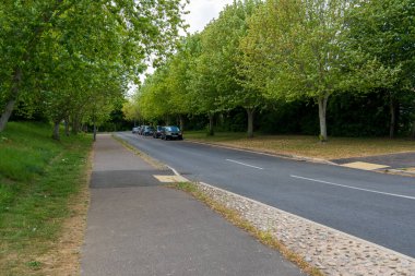 Norwich, UK- 17 Mayıs 2025: Bulutlu bir günde sakin bir banliyöde olgun yaprak döken ağaçlar ve park etmiş araçlarla dolu asfalt bir yolun yanında bisiklet yolu
