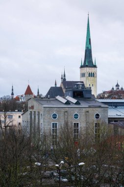 Tallinn, Estonya - 20 Aralık 2025: Gökyüzüne hakim olan uzun yeşil kilise kulesiyle ortaçağ şehir panoraması. Antik taş binalar ve savunma kuleleri bulutlu kış havasında atmosferik şehir manzarası yaratıyor..