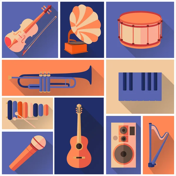 Iconos de música plana, conjunto — Vector de stock