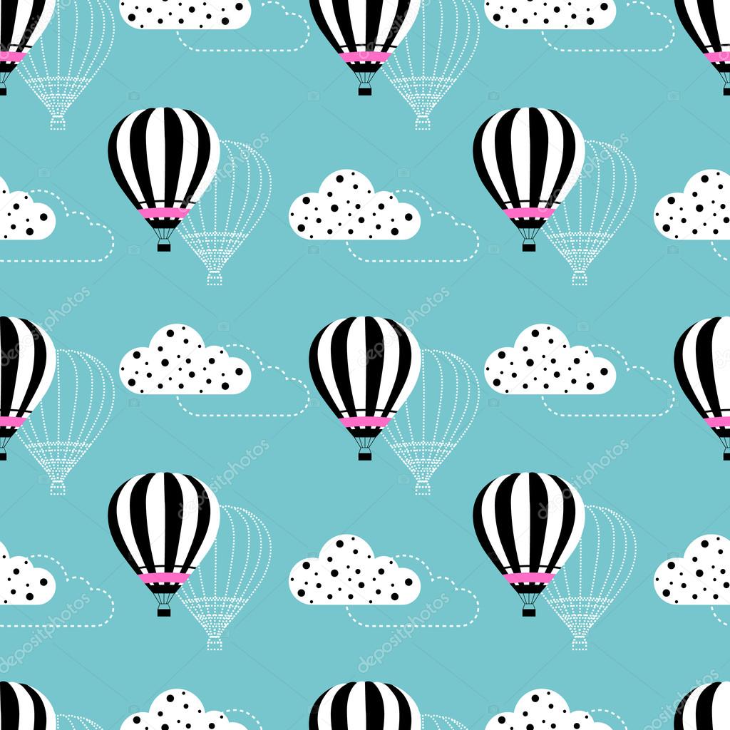 Seamless hot air balloon with clouds on the sky