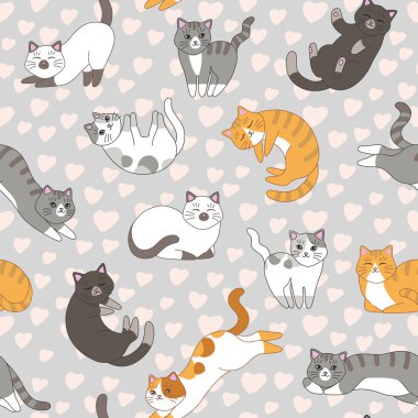 Cute Cats with pink hearts on a vector seamless pattern