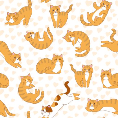 Cute Cats with pink hearts on a vector seamless pattern