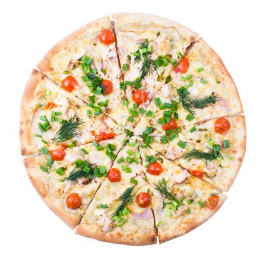 Kiraz jambon ve peynirli pizza üzerinde bir 