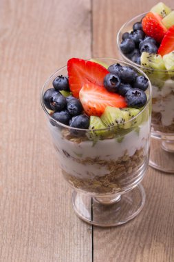 Müsli, yaban mersini, çilek, kivi, yoğurt,