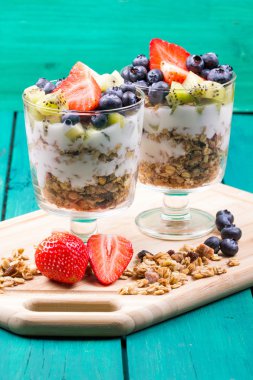 Müsli, yaban mersini, çilek, kivi, yoğurt,