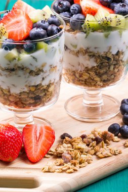 Müsli, yaban mersini, çilek, kivi, yoğurt,