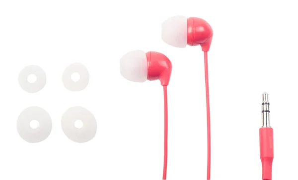Earphones for phone of red color, on the — Stock Photo, Image