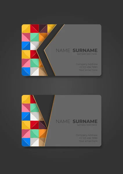 Kartvizit şablonu tasarımı, gri arka planda renkli desenli altın kenar, Vektör illüstrasyonu.