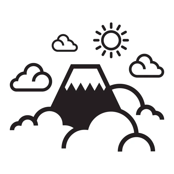 Fuji Dağı Japonya vektör çizgisi ikonu, bulutlu ve dağ için güneş alan. Doğa Takdir Ana Hattı.
