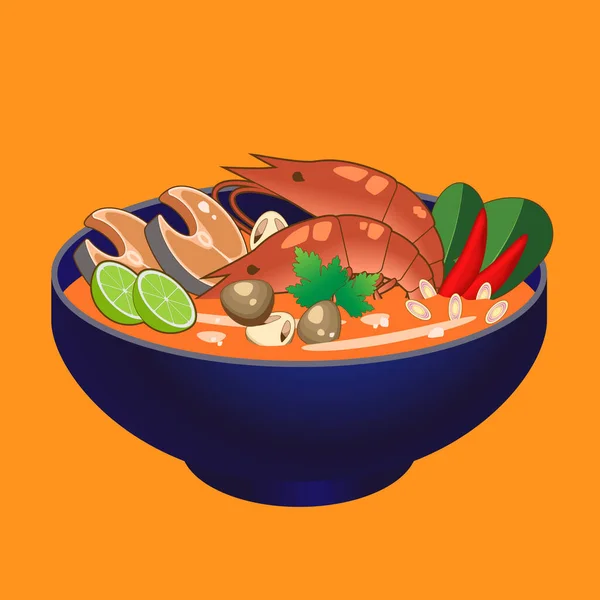 Tomyumkung, Tayland yemeği, sarı arka planda baharatlı karides çorbası, Vektör illüstrasyonu..