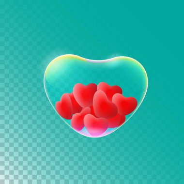 Hearts in Realistic soap bubbles with rainbow reflection on a transparent background, Vector illustration