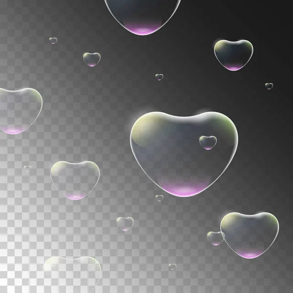 Realistic Heart soap bubbles with rainbow reflection on a transparent background, heart for valentine's, Vector illustration