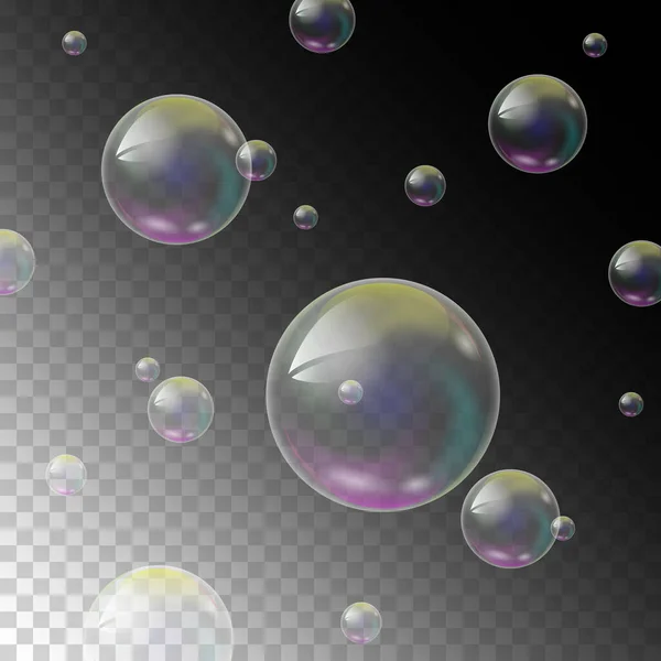 Realistic soap bubbles with rainbow reflection set isolated on a transparent background, Vector illustration