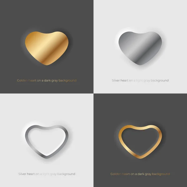 Heart and Love, Golden heart on a dark gray background and Silver hearts on a light gray background, Vector illustration.