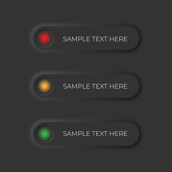 Işık statüsüne sahip düzenlenebilir vektör neomorfik düğmeleri. Web siteleri, mobil menüler, navigasyon ve uygulamalar için kaydırıcılar. Basit zarif Neomorfizm modu 2020 tasarım elemanı UI bileşenleri koyu gri arkaplan, Vektör illüstrasyonu.