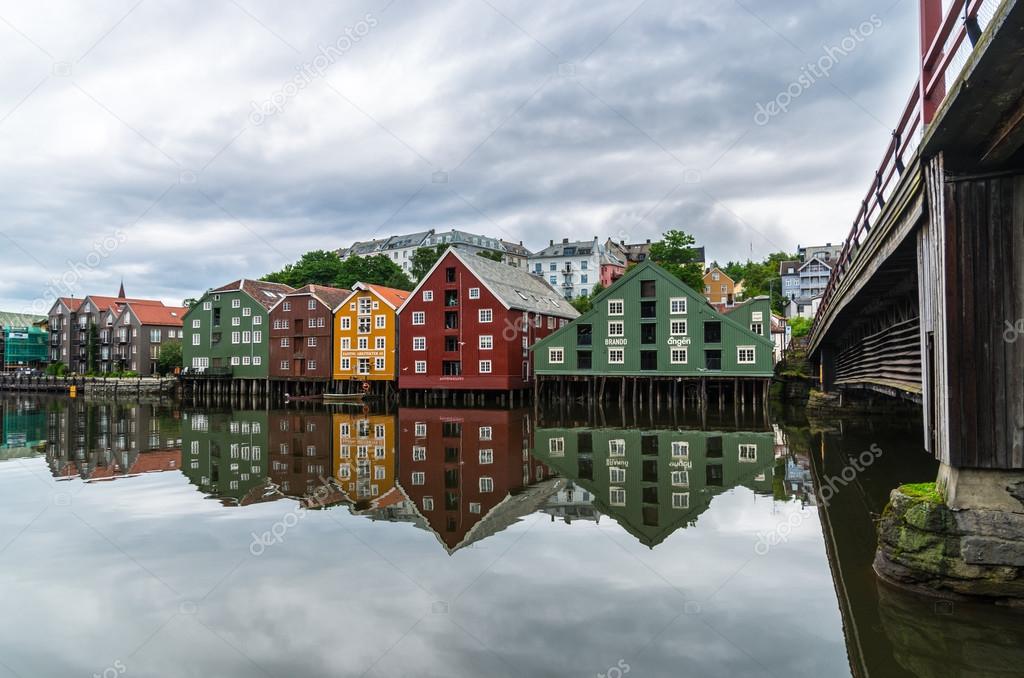 Trondheim river front under cloudy sky