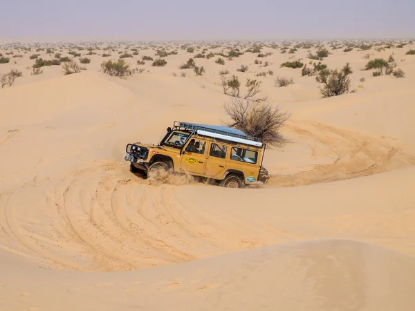 4X4 vehicle drives around the sand dunes of the Sahara Desert.