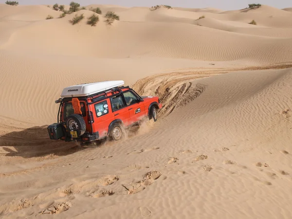 4X4 vehicle drives around the sand dunes of the Sahara Desert. Royalty Free Stock Photos