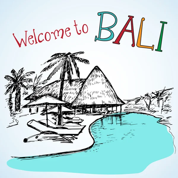 Vew of Bali resort near the water — Stock Vector