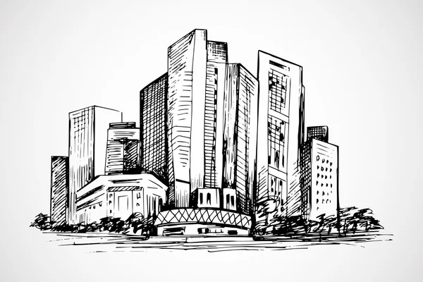 Scène horizontale dessinée à la main des immeubles de bureaux — Image vectorielle