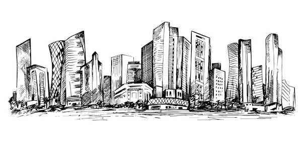 Escena horizontal dibujada a mano de edificios de oficinas — Vector de stock