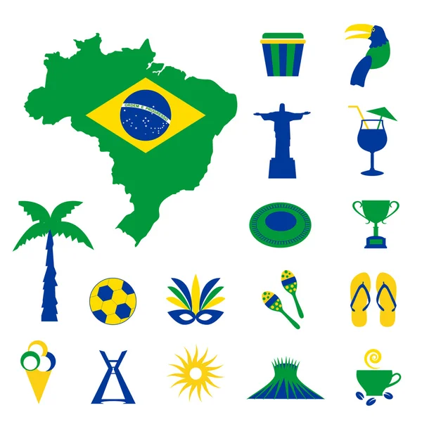 Brasil ikon dengan peta dan bendera - Stok Vektor