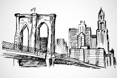 El çekilmiş Brooklyn Köprüsü ve Binalar
