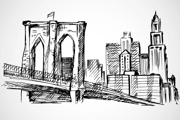 El çekilmiş Brooklyn Köprüsü ve Binalar