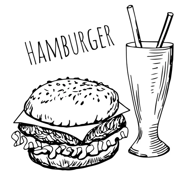 Hamburger yang digambar dengan tangan yang terisolasi dengan minuman - Stok Vektor