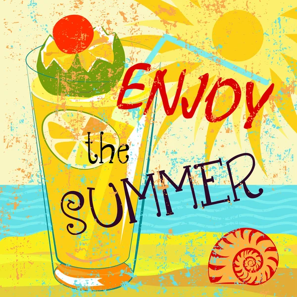 Colorful Summer card with drink and shell — Stock Vector