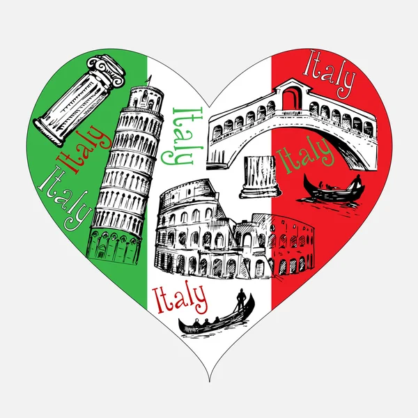 Forma de corazón con símbolos de Italia — Vector de stock