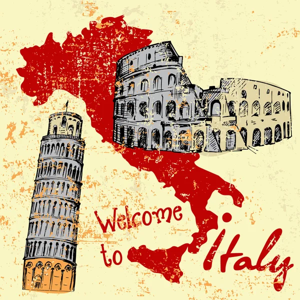 Grunge card with Italy map and some attractions — Stock Vector