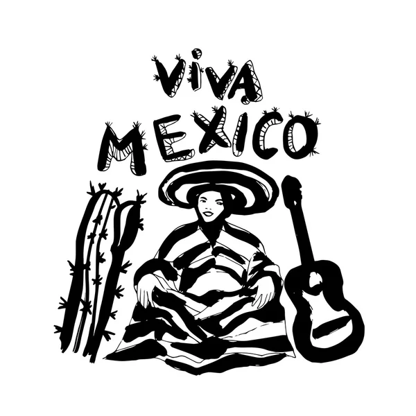 Homem mexicano com guitarra e cacto — Vetor de Stock