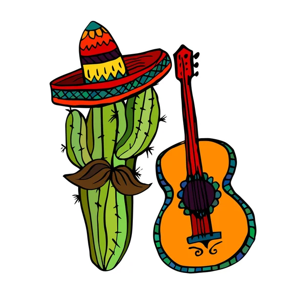 孤立的墨西哥符号-仙人掌、 草帽和吉他 — 图库矢量图片