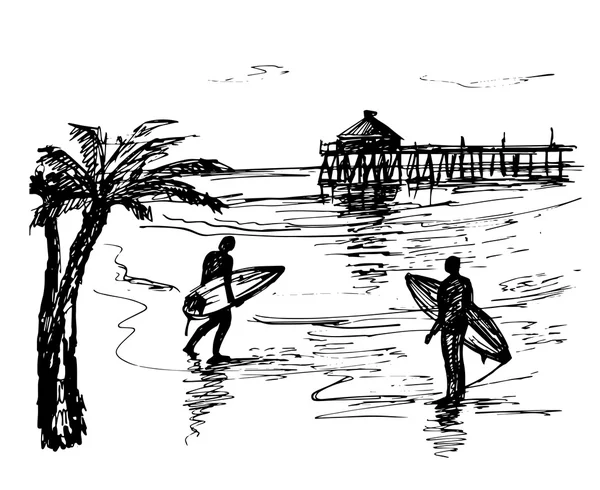 Två personer med surfing board nära stranden — Stock vektor