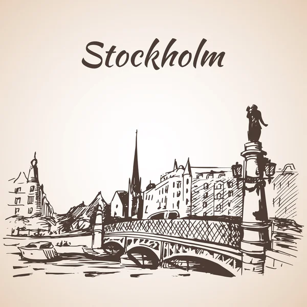 Ville de Stockholm vue sur la rue avec pont — Image vectorielle