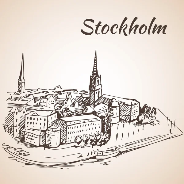 Stockholm, Sverige - utsikt över staden. Hand dras linjen bläckpenna. — Stock vektor