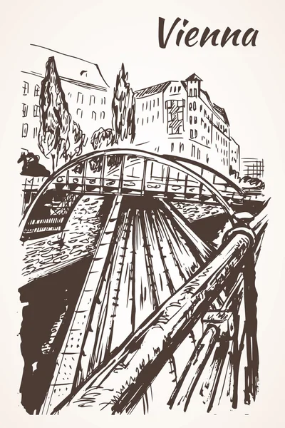 Hand dras Vienna broar, vägar och floden — Stock vektor