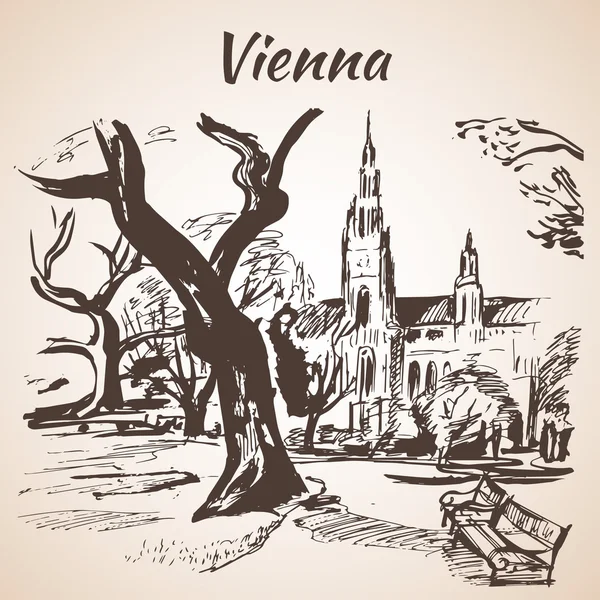 Parque de Viena con grandes árboles y bancos — Vector de stock