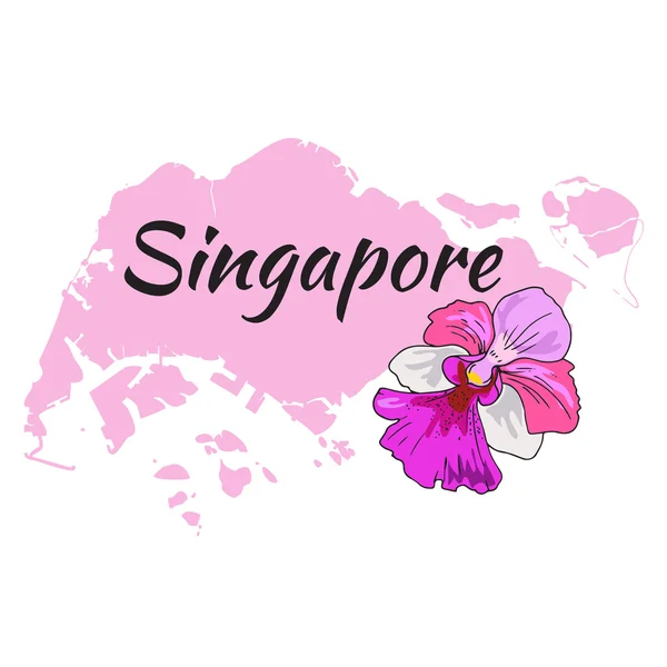 Singapura mapa com Orchid Vanda "Miss Joaquim " — Vetor de Stock