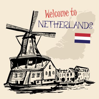 Yel değirmenleri ile geleneksel Hollanda manzara